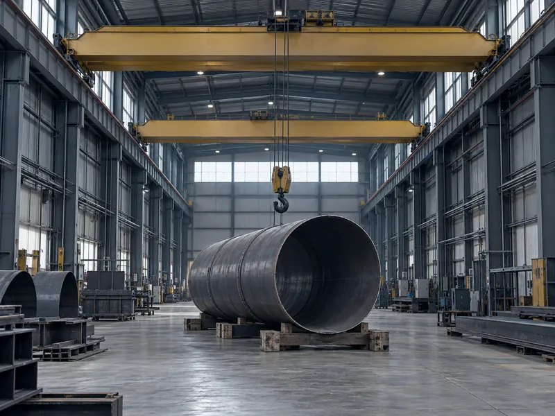 A tall fabrication bay with two overhead cranes above a steel cylinder on timber cribbing.