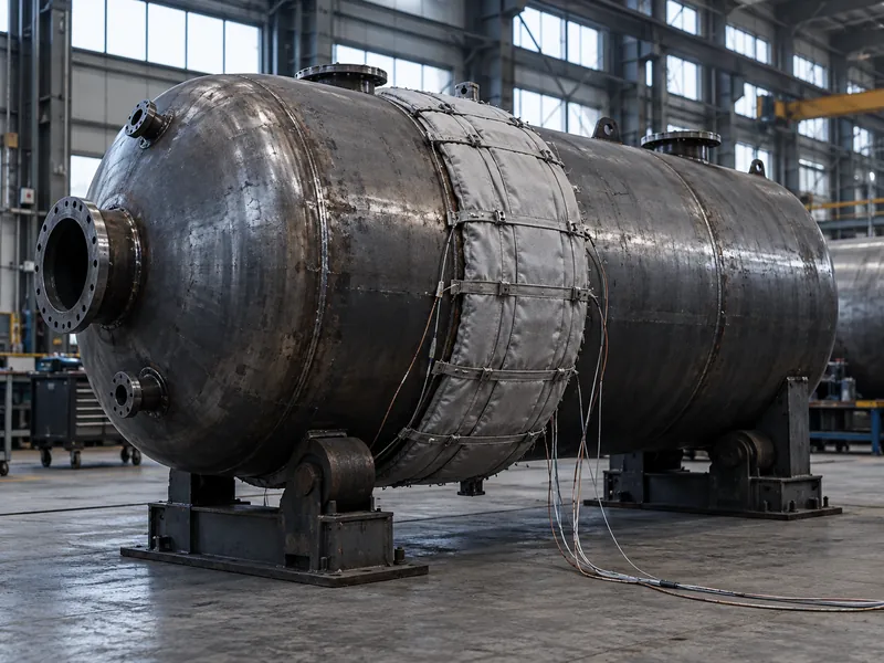A steel shell with one weld seam wrapped in heating blankets for local post-weld heat treatment.