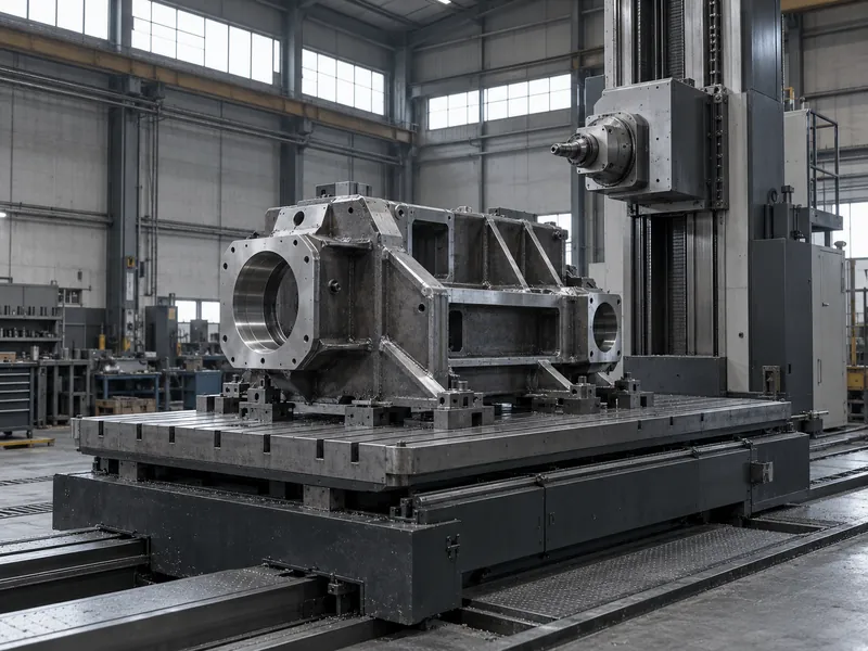 An idle horizontal boring mill with a steel weldment clamped on its table.