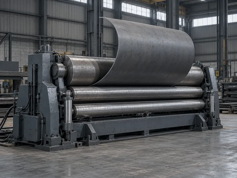 A thick steel plate part-way through a four-roll plate bending machine.