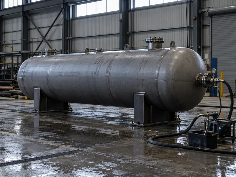 A horizontal pressure vessel on two saddles, connected to a hose and pump for a hydrostatic test.