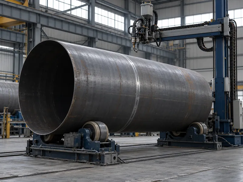 A large steel shell on turning rolls under an idle column-and-boom welding station.
