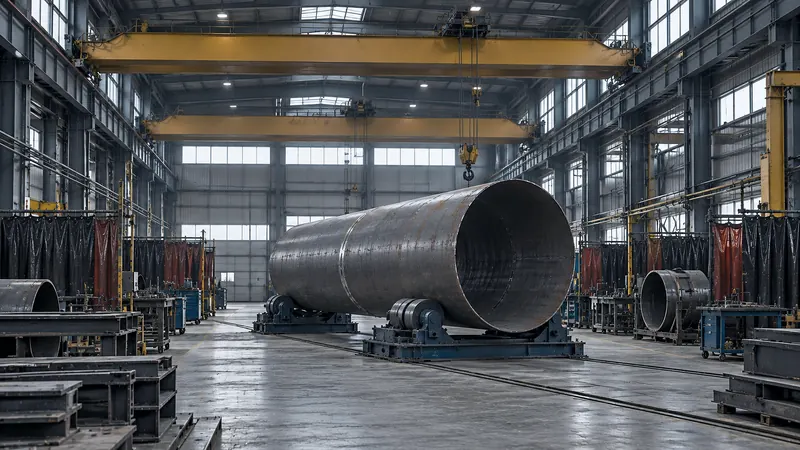 A wide, quiet fabrication shop interior between shifts, with welding curtains, tool carts and overhead cranes.