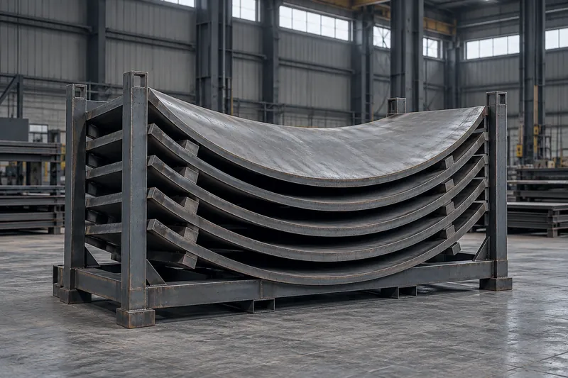 Curved steel tank shell segments stacked on edge in a shipping cradle.