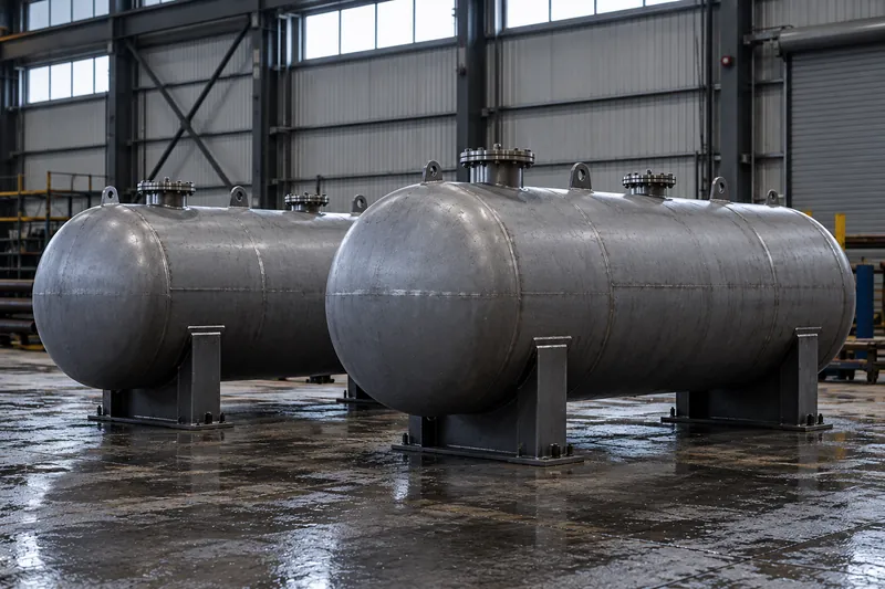 Two horizontal pressure vessels in grey primer, side by side on steel saddles.