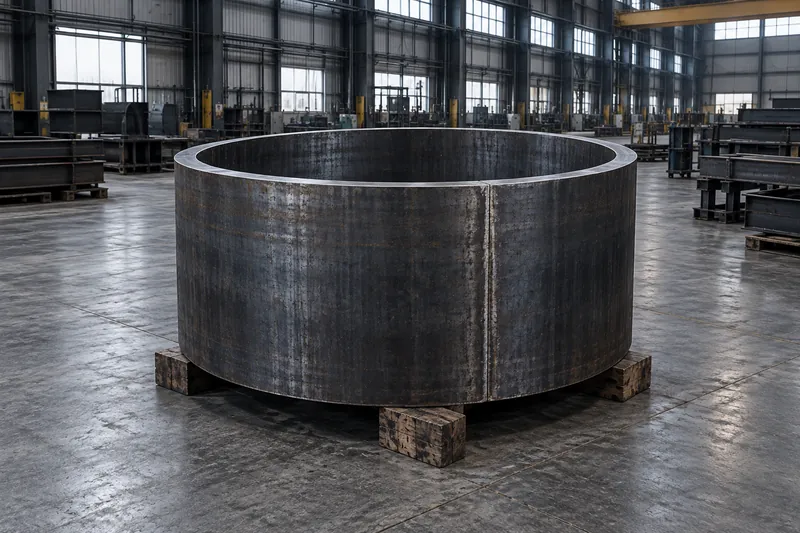 A thick-walled rolled steel shell course standing upright on timber cribbing.