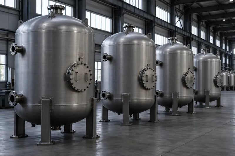 A row of vertical stainless steel pressure filters on legs, each with a side manway, in a fabrication bay.
