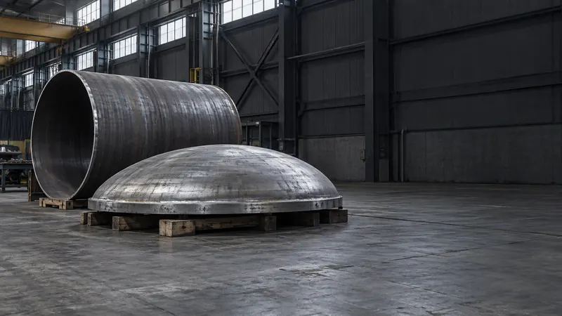 A 2:1 ellipsoidal vessel head and a thick rolled shell course on timber cribbing.