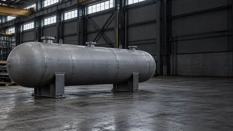 A long horizontal separator in grey primer resting on two steel saddles.