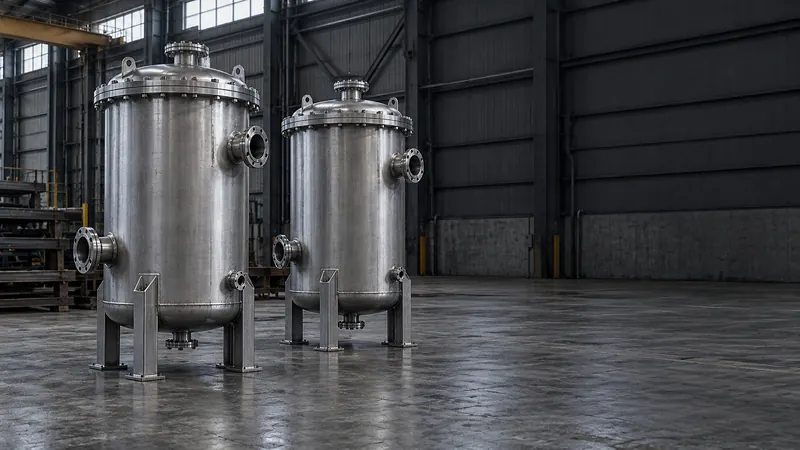 Two vertical stainless steel filter vessels standing in a fabrication bay.